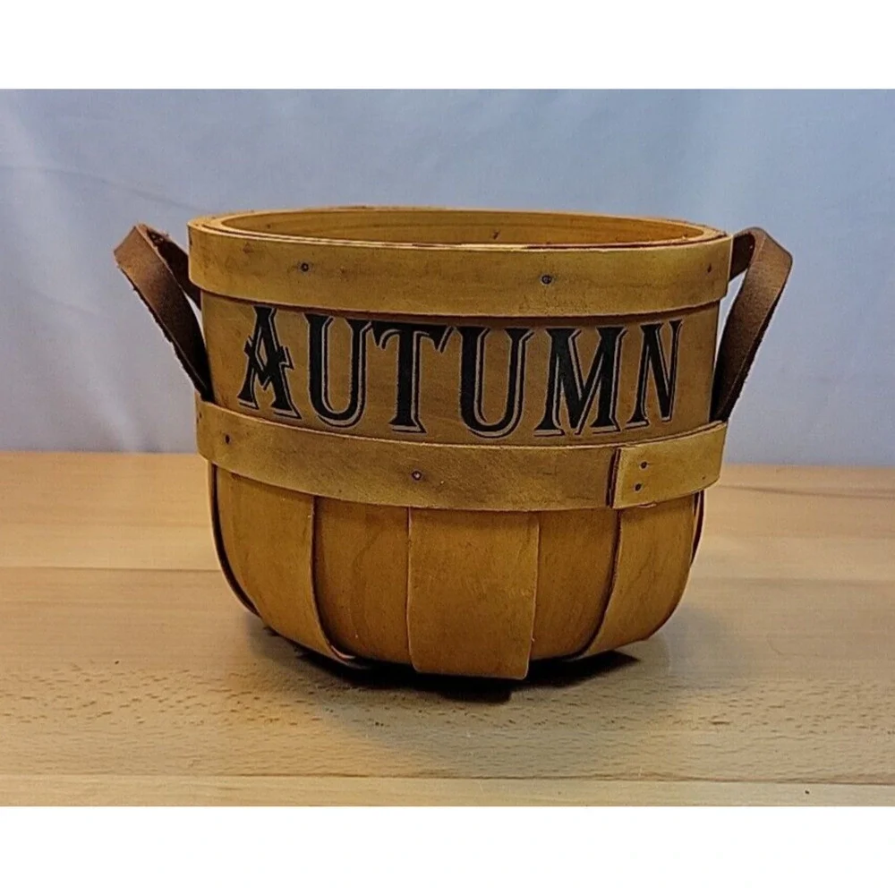 Autumn Basket Farmhouse Fall Wood Leather Handles 9.5” x 6” Harvest Spellout